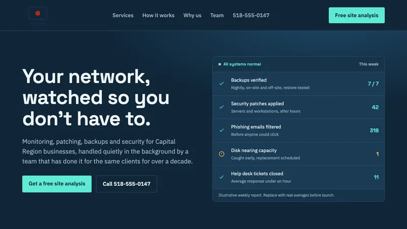 Direction B: a dark, security-forward homepage with a live weekly report
