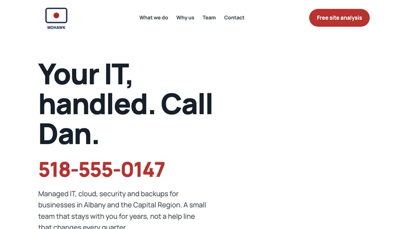 Direction C: a bright, plain-spoken homepage with a giant phone number